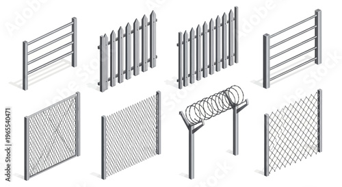 Set of Isometric Metal Fences and Barriers including Chain Link, Barbed Wire, Picket, and Railing Designs on White Background