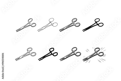 Collection of diverse surgical clamp and hemostat illustrations with varied styles