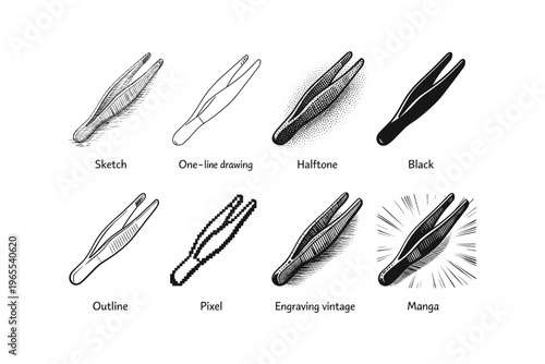 Collection of tweezers illustrations in various artistic styles and techniques