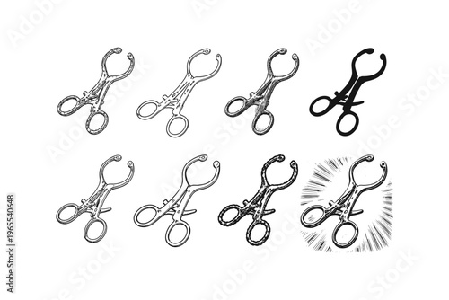 Collection of vintage surgical forceps and medical instruments in sketch style
