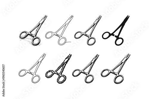 Collection of diverse medical forceps and hemostats in various artistic styles