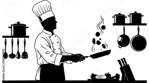 A chef cooking with a frying pan isolated on transparent background, Vector