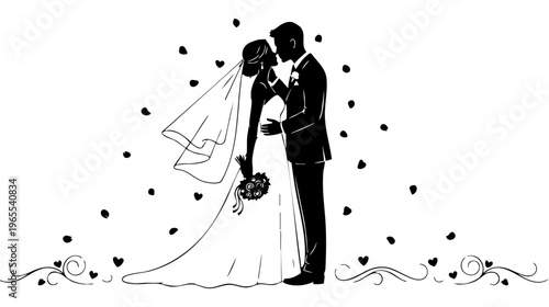 A bride and groom standing together on their wedding day isolated on transparent background, Vector
