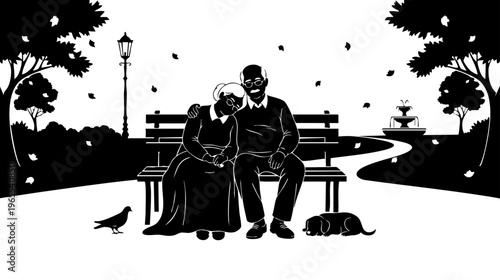 A man and a woman sitting on a bench with a dog isolated on transparent background, Vector