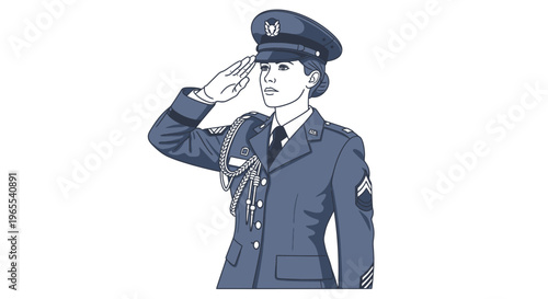 Patriotic Illustration of a Female Military Officer in Dress Blue Uniform Performing a Formal Salute