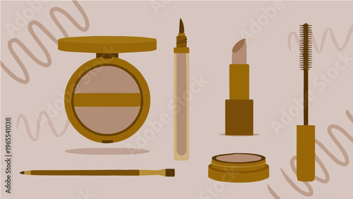 Flat vector illustration of makeup cosmetics products including compact lipstick mascara