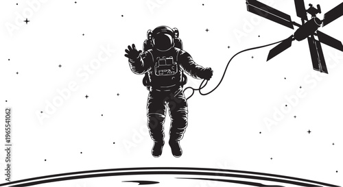 Astronaut in space with tether and satellite isolated on transparent background, Vector