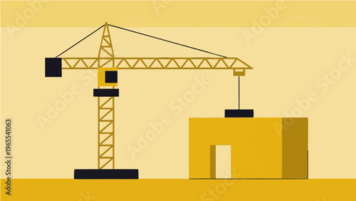 Construction crane and building vector illustration on bright yellow background flat design