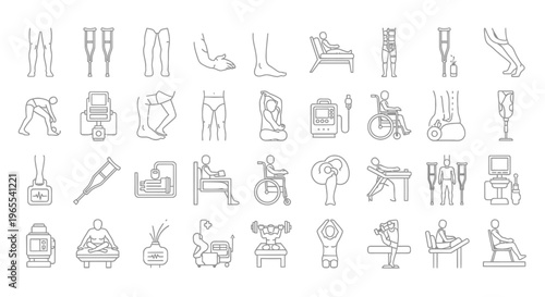 Line art illustrations depicting various stages of physical rehabilitation and recovery