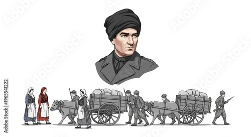 Illustration of Mustafa Kemal Atatürk with Scene from the Turkish War of Independence and Traditional Ox-carts