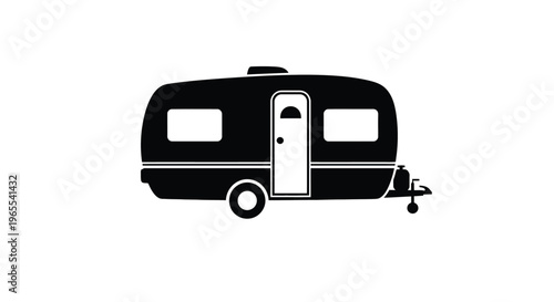 Minimalist black and white vector illustration graphic design of a classic teardrop travel trailer for adventure and recreation