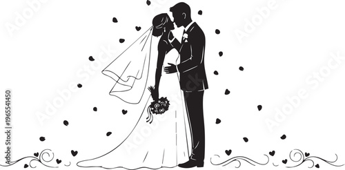 A bride and groom standing together on their wedding day isolated on transparent background, Vector