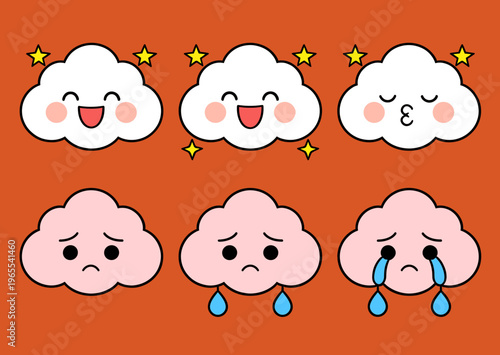 Cute Cloud Characters with Different Facial Expressions Showing Happiness Sleepiness Sadness and Crying Cartoon Weather Emoticons Vector Collection