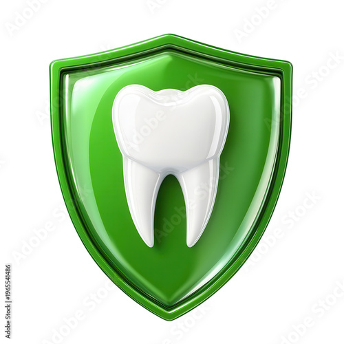 White tooth on green shield representing dental care and protection for oral health