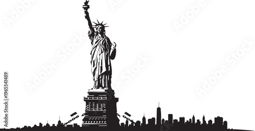 Statue of liberty with city skyline isolated on transparent background, Vector