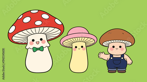 Cute Mushroom Characters Group with Smiling Faces on Green Background, Toadstool with Bow Tie and Overalls, Fungi Personification Vector Illustration