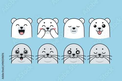 Cute Polar Bear and Seal Head Emoticons with Different Expressions on Blue Background, Happy, Smiling, Sleeping and Winking Animal Faces Vector
