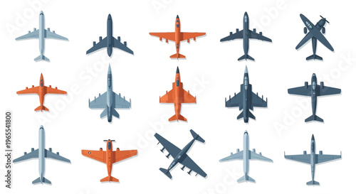 Aircraft and Airplane Collection: Flat Vector Icons of Passenger Jets, Fighter Planes, and Propeller Aircraft in Top View
