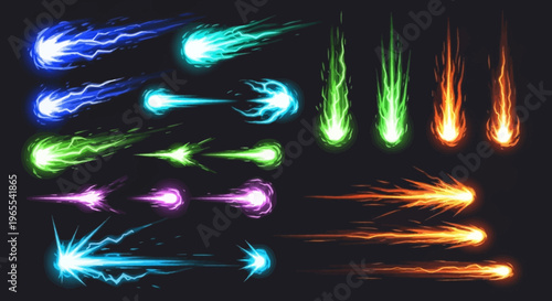 Magic Energy Projectiles and VFX Game Effects Set: Colorful Fireballs, Lightning Bolts, and Arcane Power Spells for Animation and Game Design