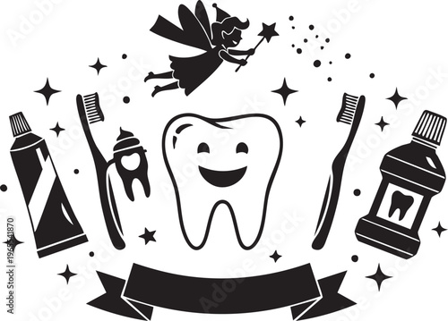 A smiling tooth surrounded by dental hygiene tools isolated on transparent background, Vector