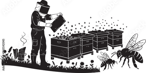 Beekeeper in front of beehives with a smoker and bees isolated on transparent background, Vector