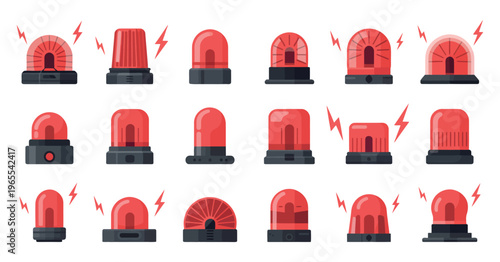 Emergency siren icon set featuring red beacons, alarm lights, and glossy flashing police or ambulance signal lamps, representing crisis, hazard, and urgent evacuation alerts, isolated vector illustrat