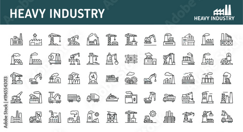 Collection of industrial icons depicting factories machinery and heavy equipment