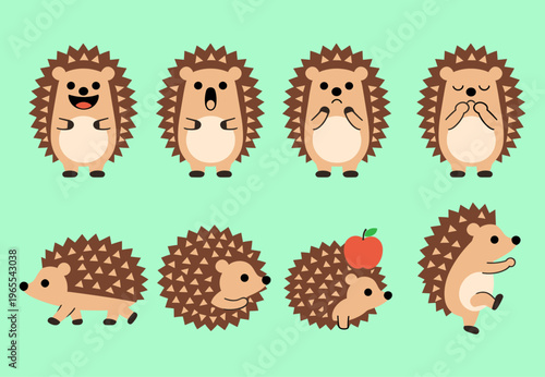 Cute Hedgehog Character Set with Various Emotions and Actions, Prickly Animal Walking Sleeping and Eating Apple, Kawaii Hedgehog Vector Illustrations