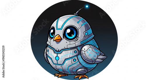 Cute robotic bird with blue circuits and big eyes in a futuristic design on a dark background
