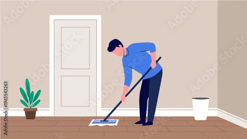 Vector illustration of man cleaning floor with mop in room with plants and door