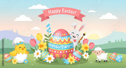 Colorful easter scene with decorated egg bunny chick and lamb in a floral landscape
