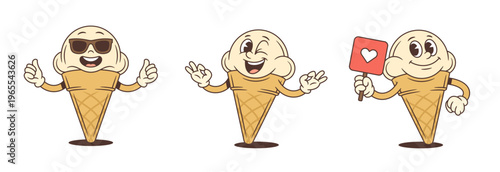 Set of retro cartoon ice cream characters. Mascot shows thumbs up, ok sign, holds banner with heart. Cool vector illustration for stickers, emoji or brand logotype. Food character collection