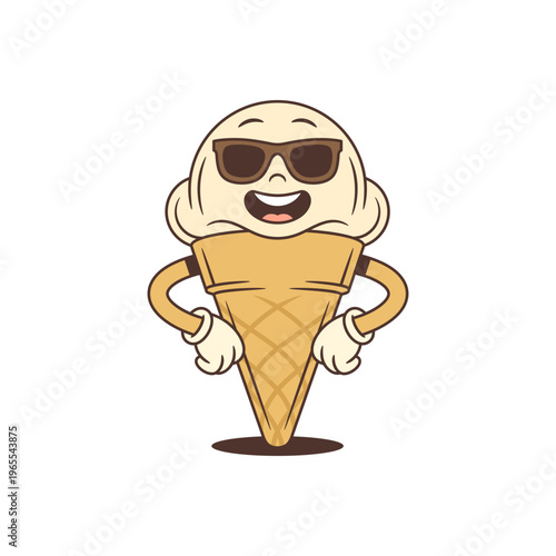 Ice cream cone mascot with sunglasses in a confident pose with hands on hips. A cool dessert character for summer themes and food branding. Vintage comic personage. Vector cartoon illustration