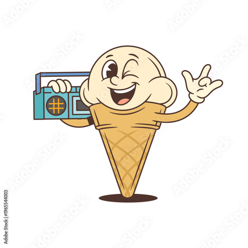 Cool retro cartoon ice cream character holding a boombox and showing a rock sign. Winking vintage mascot. Groovy vector illustration for a music party, sweet shop menu, or fun sticker