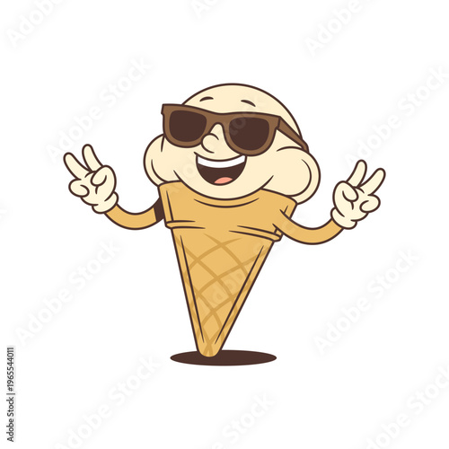 Happy retro cartoon ice cream character in sunglasses showing peace signs. Positive vintage mascot for a summer party. Funky vector illustration for a cafe menu or sticker design