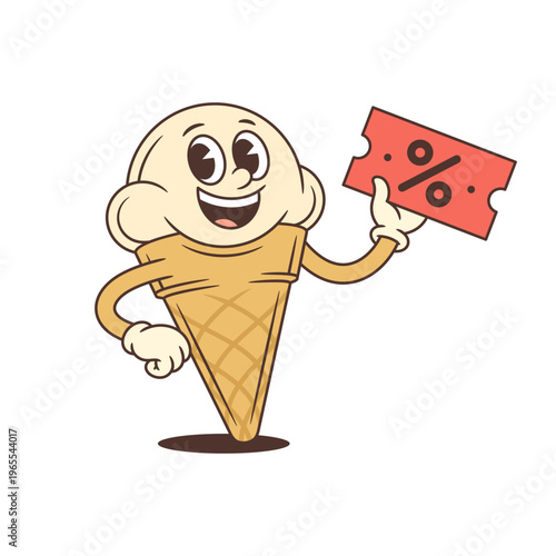 Retro cartoon ice cream character holding a discount coupon. Happy vintage mascot for a summer sale or special promotion. Funky vector illustration for a cafe menu or sticker design