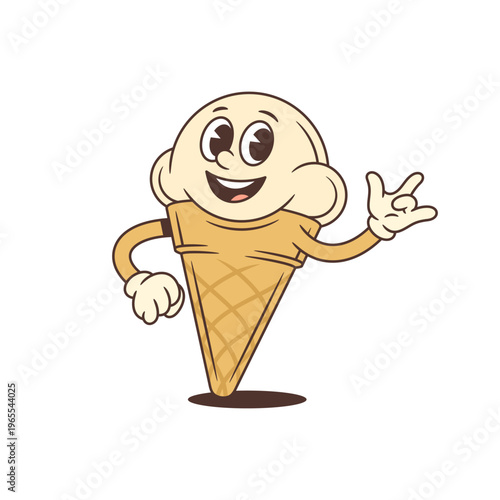 Rock and roll retro cartoon ice cream character with a rock hand sign. Cool vintage mascot for a music festival or summer party. Funky vector illustration for a cafe menu or sticker design