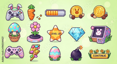 Colorful easter and gaming icons with carrots eggs coins and controllers on light green background