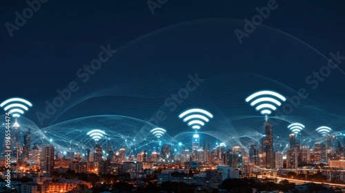 A modern city skyline glows at night with abstract wireless signal waves connecting skyscrapers. The image showcases futuristic network connectivity and digital communication.
