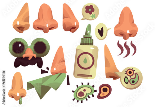Cartoon Nose Expressions and Smell Icons Set, Odor Detection, Sneezing, Allergy and Scent Illustration Collection