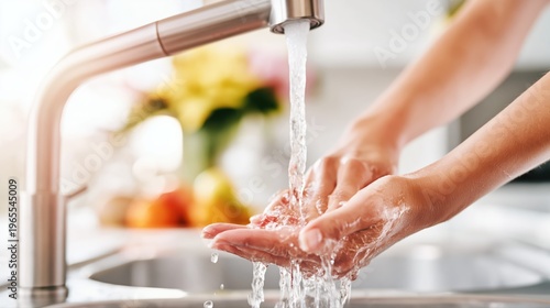 Ultra realistic close up of hands being washed under a stainless steel kitchen faucet. Flowing water and bright morning light highlight freshness and hygiene in a modern home.