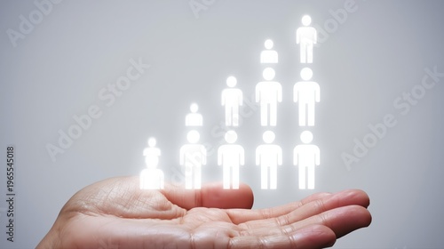 A hand supports glowing employee icons ascending in a staircase shape. This ultra realistic scene symbolizes career advancement and professional growth in a corporate environment.
