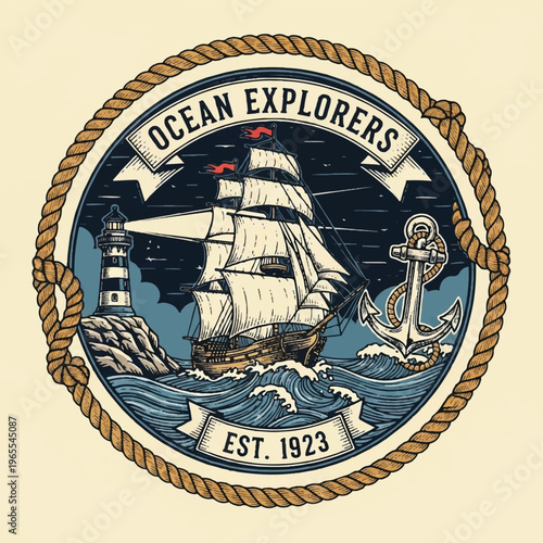 Ocean Explorers Ship Logo Emblem Featuring Sailing Vessel, Lighthouse, and Nautical Motifs.