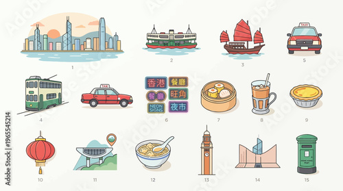 A collection of colorful flat design illustrations depicting iconic landmarks, transport, food, and cultural symbols of Hong Kong.