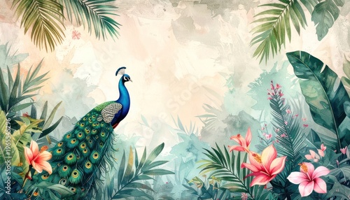 A vibrant, serene scene of tropical beauty and majestic avian grace.