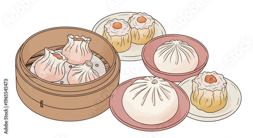 An assortment of traditional Chinese dim sum dishes, including steamed dumplings and buns, served in a bamboo steamer and on small plates.