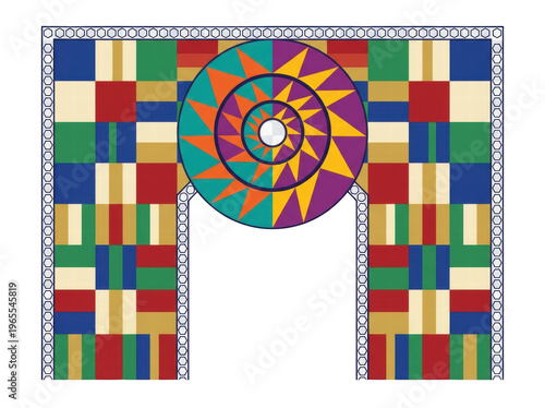 Abstract geometric pattern with colorful squares and central circle