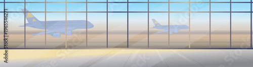 Modern empty airport terminal interior with panoramic windows and airplane view. Clean spacious background with soft light and reflections 