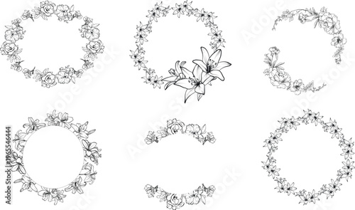 Large set of round floral frames in delicate sketch style vector