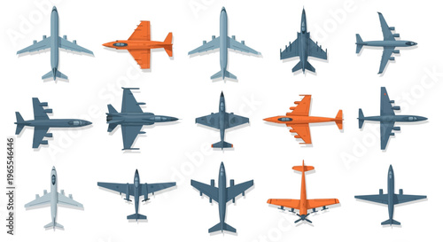 Vector Aircraft Collection: 15 Top-View Icons of Commercial Airliners, Fighter Jets, and Cargo Planes for Infographics and Logistics Design